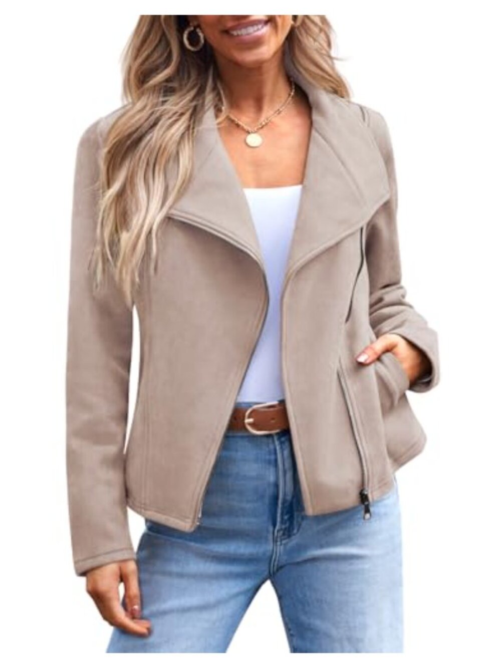 Faux Suede Moto Jacket Lightweight Fall Layering Zip Front